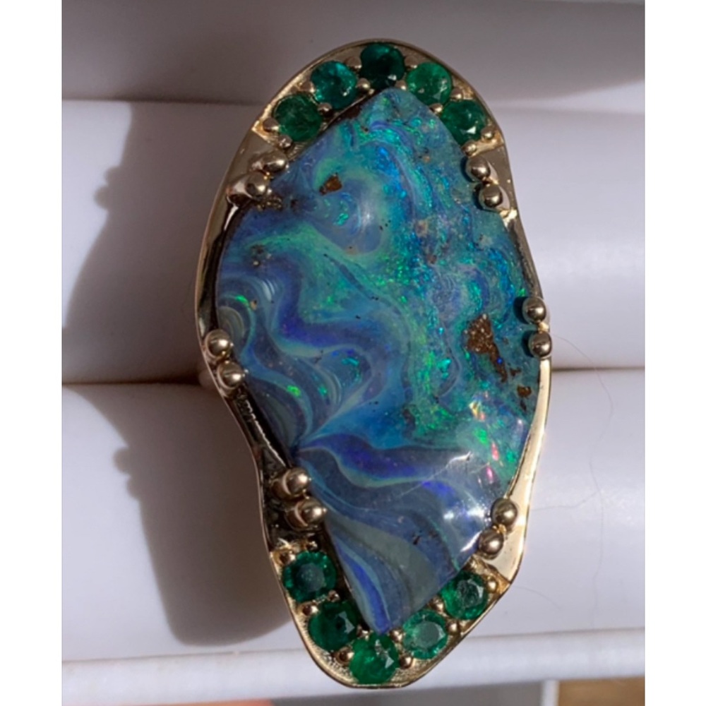 One of a kind Boulder Opal and Emerald Ring